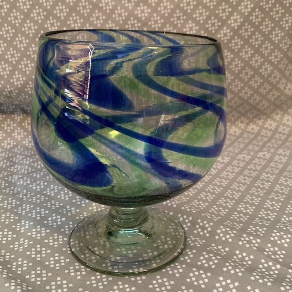 Set of 2 Mexican Handblown Glasses Blue Green Brandy Snifter Margarita - Picture 2 of 3